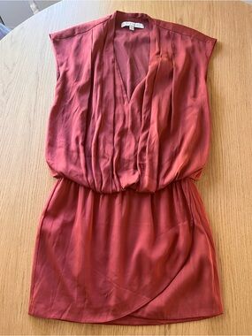 INTERMIX Rust Red Silk V-Neck Blouson Mini Dress